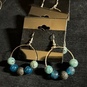 Essential Diffuser Hoop Earrings black & blue beads and stones Handmade